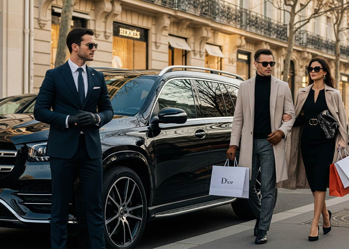 Two people walking with shopping bags in front of a luxury car, with a building and store signs in the background.